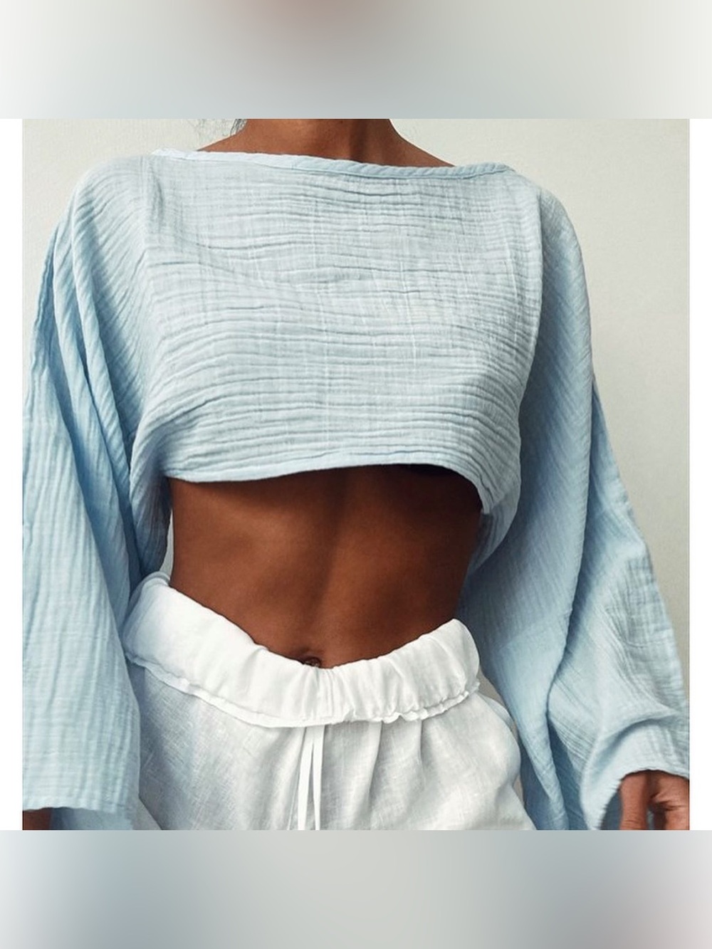 Reserved Baby Blue Gauze Crop Top Size L Boho Oversized Bell Sleeve NWOT